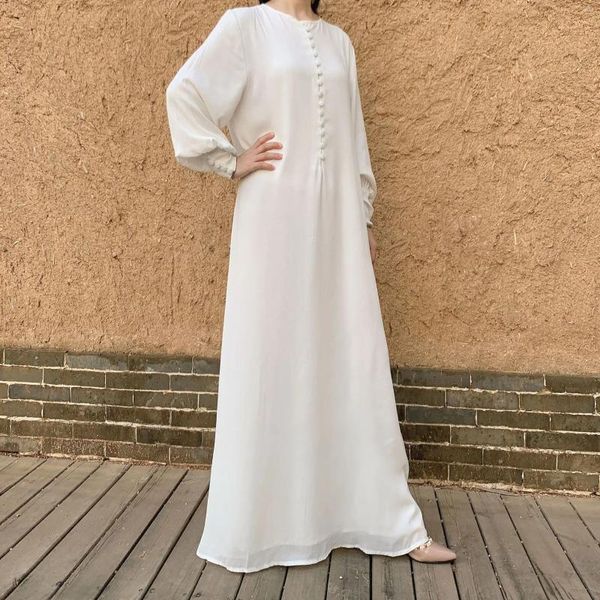 Ropa étnica Estilo Abaya Mujeres musulmanas Vestido de moda Gasa Manga larga Botón Hasta Falda elegante