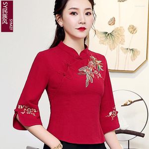 Chemise brodée de Style de vêtements ethniques boucle Vintage chinoise pour femmes col Cheongsam amélioré haut en lin en coton à manches mi-longues