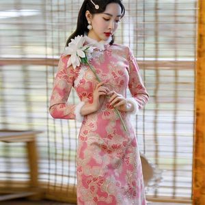 Etnische kledingstijl Traditionele vrouwelijke Chinese jurk Winter Plus fluwelen dikker Slanke Cheongsam Womem bontkraag Vintage Qipao