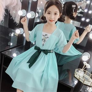 Ropa étnica traje vestido niña verano bordado retro de manga corta hanfu chino vestido chino azul verde