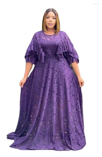 Vêtements ethniques été africain élégant manches évasées fête anniversaire blanc noir violet dentelle longue robe vêtements robes pour femmes