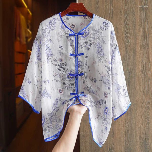 Vêtements ethniques été bleu élégant chemise en organza de soie femmes Vintage imprimé col rond simple boutonnage trois quarts manches haut chinois