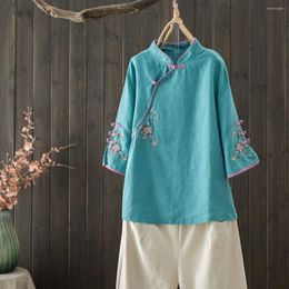 Etnische kleding zomer Chinese elegante geborduurde cheongsam tops dames katoenen linnen linnen met één borsten casual chinoiserie tang pak top