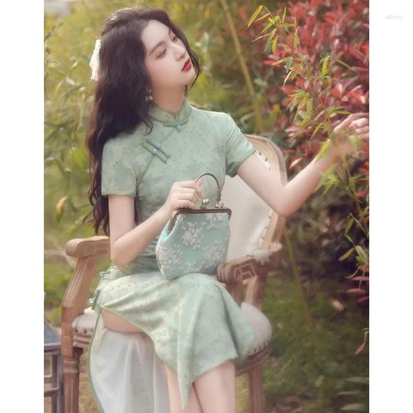 Vêtements ethniques Summer Chinois Style Green Jacquard Bouton artigé