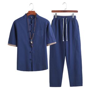 Etnische kleding zomer Chinese stijl linnen tangpak traditionele mannen shorts tai chi uniform retro v-neck shirt shirt broek set 230331