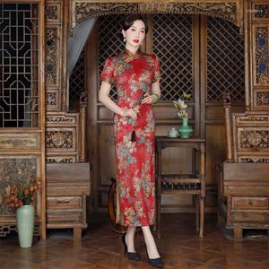 Etnische Kleding Zomer Chinese Stijl Rode Bloemenprint Cheongsam Vintage Vrouwen Lange Hoge Split Qipao Jurk