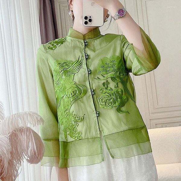 Vêtements ethniques Été Style chinois Col debout Broderie de fleurs et d'oiseaux Spliced Organza Cuff Double-Breasted Lady Jacket S-XXL
