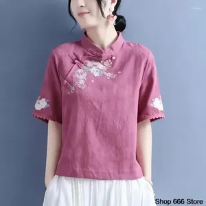 Ropa étnica Summer Algodón Color sólido Collar de pie Manga corta para mujeres Top de estilo chino Retro Zen Tang Suit Hanfu