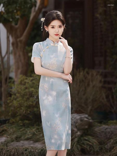 Vêtements ethniques Robe d'été cheongsam vintage élégant en satin imprimé floral Qipao Sexy Trim Split Vestidos Banquet de style chinois