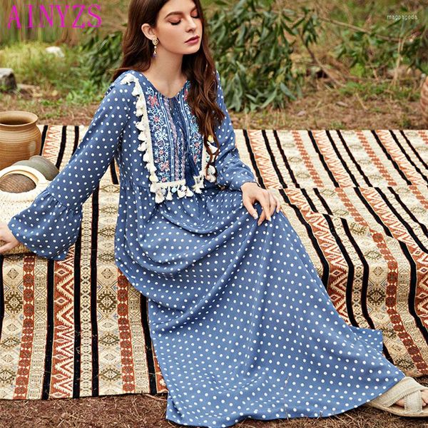 Vêtements ethniques Robe d'été Mode Bleu Polka Dot Imprimé Floral Broderie Plié Robe À Franges Jupe Longue Robes Du Monde Pour Femmes 2023