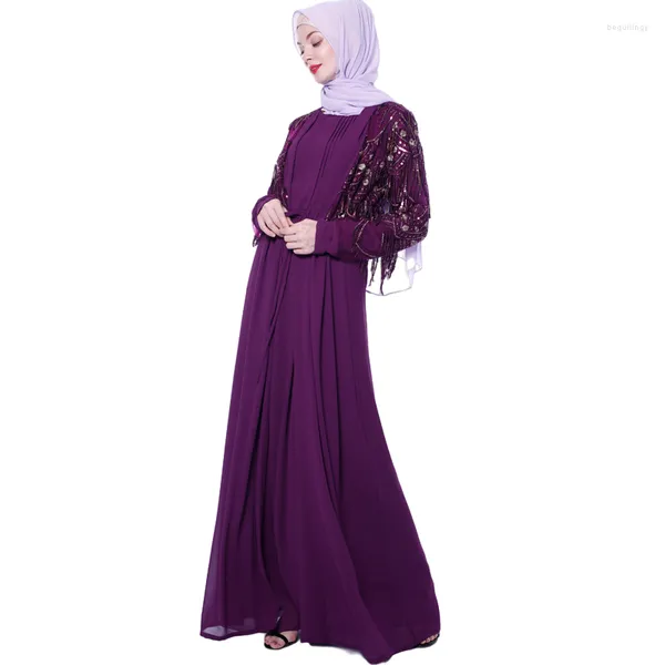 Vêtements ethniques robes d'été pour femmes 2023 Maxi Sequin frange en mousseline de soie Cardigan musulman à manches longues décontracté élégant Long manteau