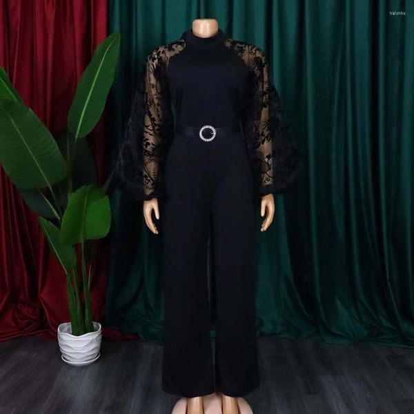 Ropa étnica verano elegante africano manga larga cuello redondo negro poliéster mono con cinturón ropa para mujer