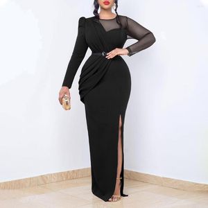 Vêtements ethniques été élégant femmes africaines à manches longues col rond Polyester rouge bleu noir Maxi robe robes avec ceinture S-3XL