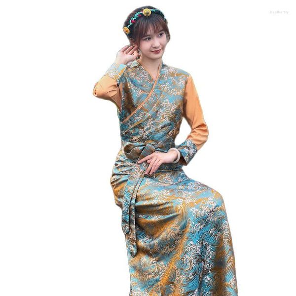 Ropa étnica verano elegante traje asiático vestido tibetano para mujeres manga larga tradicional oriental damas vestido
