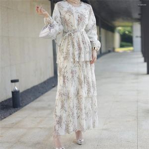 Etnische kleding Zomer Bloemenprint Geplooide laag Franje Lange jurk Chiffon Moslimvrouwen Abaya Hijabi Bescheiden gewaad Ramadan Eid Islam Kaftan