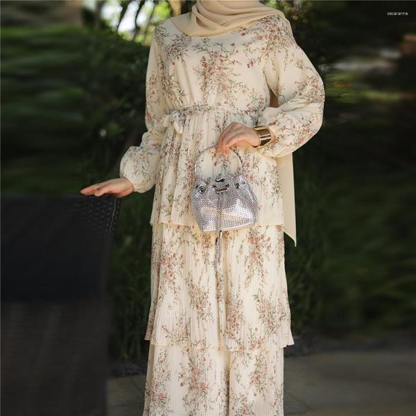 Ropa étnica Verano Estampado floral Capa plisada Volantes Vestido largo Gasa Mangas completas Islámico Estilo dulce Mujeres musulmanas Abaya Modest