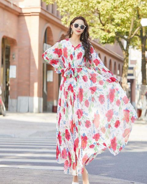 Vêtements ethniques été fleur imprimer mode plage vacances voyage Maxi robe col en V manches longues bohème Po musulman Abaya bord de mer longue