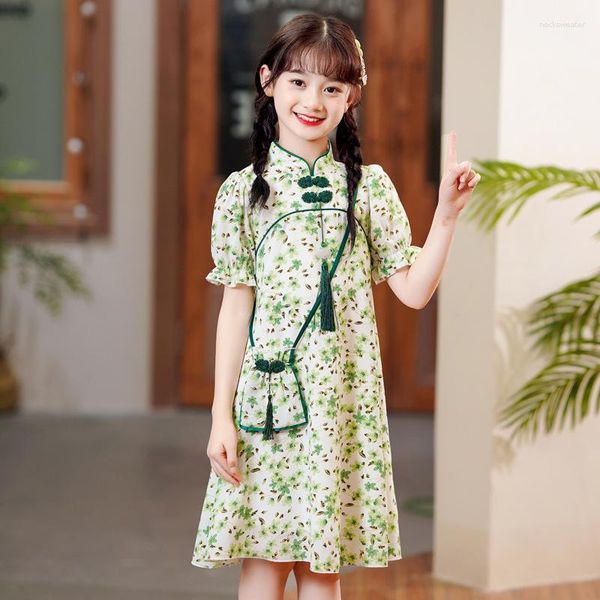 Ropa étnica, ropa de verano para niñas, vestido con estampado de flores verdes para niños, disfraz de princesa, vestido de fiesta, Qipao Vintage