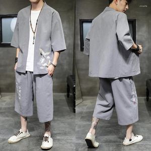 Etnische Kleding Zomer Hanfu Sets Mannen Sinicisme Geborduurd Vest Mannelijke Samurai Mid-mouwen Shorts Set Vintage Tang pak