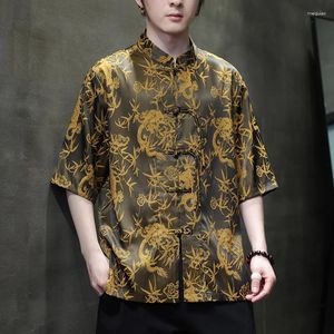 Etnische kleding zomer ijs zijden zijden korte mouw short mouw chinese stijl heren shirt shirt traditionele hanfu heren jacquard lade losse knop los