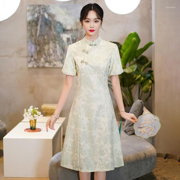 Ropa étnica Verano Mejorado Cheongsam Manga corta Joven Encaje Chino Qipao Vestido Mujer moderna