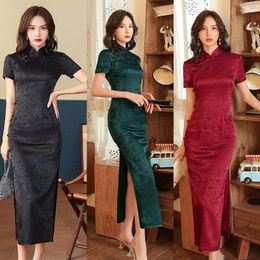 Ropa étnica Verano Jacquard Qipao Sexy Split Cheongsams Mujeres Vestido de satén Mejorado Estilo chino Gwon Vestidos elegantes Bigsize 4XL