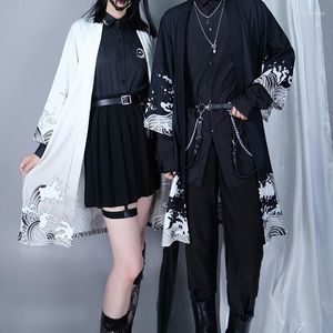 Vêtements ethniques été japonais mode impression lâche unisexe chemise Kimono Cardigan Streetwear 2023 Obi Haori noir et blanc chemises