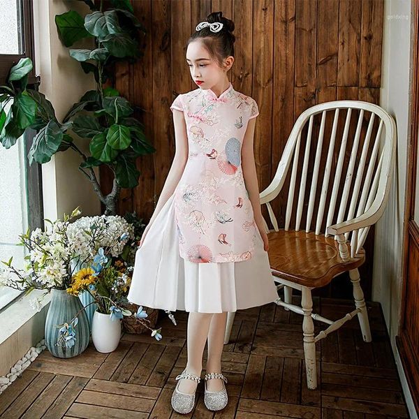 Ropa étnica Verano Niños Algodón Manga corta Qipao Niñas Chino Precioso Vestido de fiesta Tradicional Niños Bordado Cheongsam