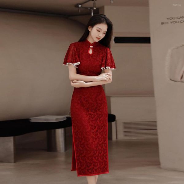 Ropa étnica Verano Encaje Cheongsam largo Algodón Vintage Vestido delgado Mujeres Seda Noche Vestidos de novia Vino rojo S a XXL