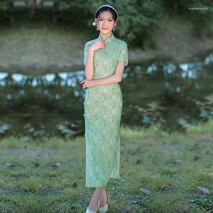 Etnische Kleding Zomer Lange Composiet Kant Cheongsam Halflange Frisse Elegante Banket Chinese Stijl Qipao Bruiloft Avond Feestjurk Voor