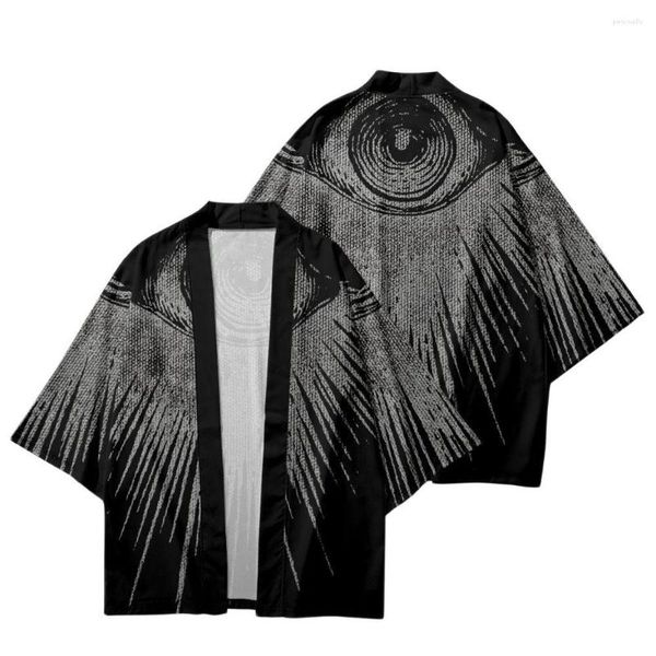 Ropa étnica Verano suelto Ojo de dibujos animados Impreso Cardigan negro Pantalones cortos de playa Streetwear Hombres Mujeres Japón Kimono Camisa Haori Cosplay Yukat