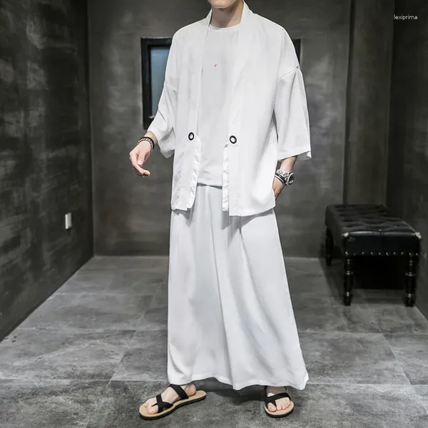 Ropa étnica Verano suelto ajuste kimono pantalones recortados conjunto de dos piezas tradicional japonés cardigan más tamaño 5xl samurai streetwear