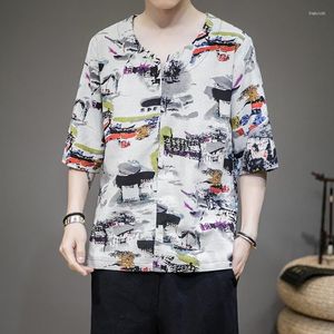 Etnische kleding zomer mannen linnen shirt Chinese stijl retro casual v-neck tops plus size bedrukte traditionele Aziatische tangpak voor man kk3723