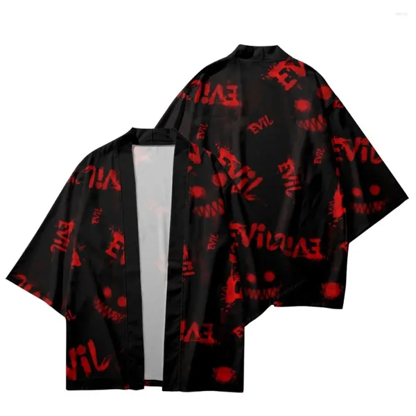 Ropa étnica Hombres de verano Kimono suelto Chaqueta de moda casual y pantalones cortos Top japonés con estampado negro