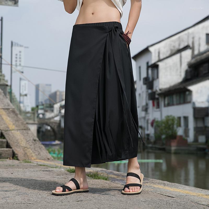 Ethnic Clothing Summer Men's Pants Black Chinese Style Loose Samurai Irregular Sense Culottes Straight Kendo