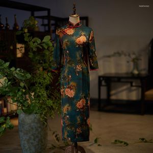Etnische kleding zomer pioenroos geprinte satijn zeven punten mouw vrouwen cheongsam elegante mandarijn kraagzijde acht gespen qipao jurken