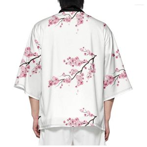 Etnische Kleding Zomer Roze Perzik Bloesem Print Wit Losse Vest Japanse Traditionele Kimono Vrouwen Mannen Strand Haori Shirts Oversized Tops