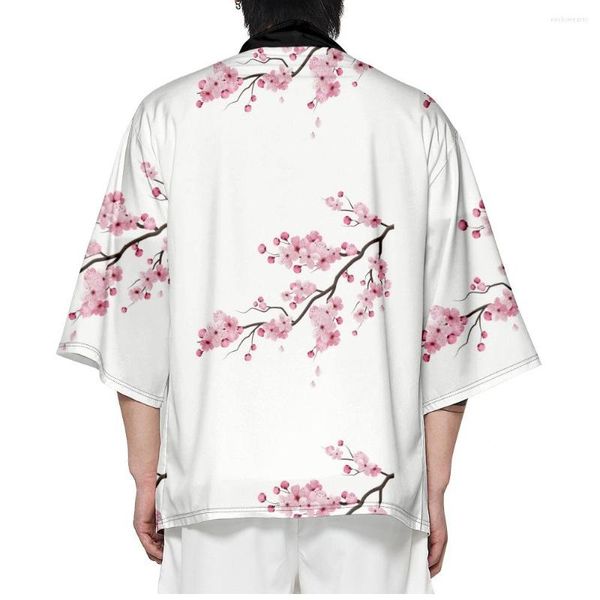 Vêtements ethniques été rose fleur de pêcher imprimé blanc lâche Cardigan japonais traditionnel Kimono femmes hommes plage Haori chemises hauts surdimensionnés