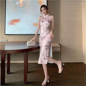 Vêtements ethniques été rose Qipao robe filles feuille impression haute fente Cheongsam creux perle mince mode traditionnel chinois