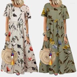 Vêtements ethniques Été Plus Taille Femmes Vintage Robe florale fraîche Col rond Manches courtes Lâche Casual Robes longues Caftan