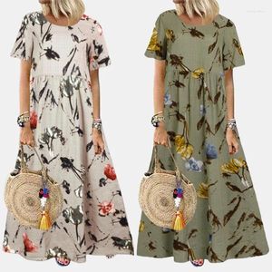 Etnische kleding Zomer Plus Size dames Vintage frisse bloemenjurk Ronde hals Korte mouw Losse casual lange jurken Kaftan