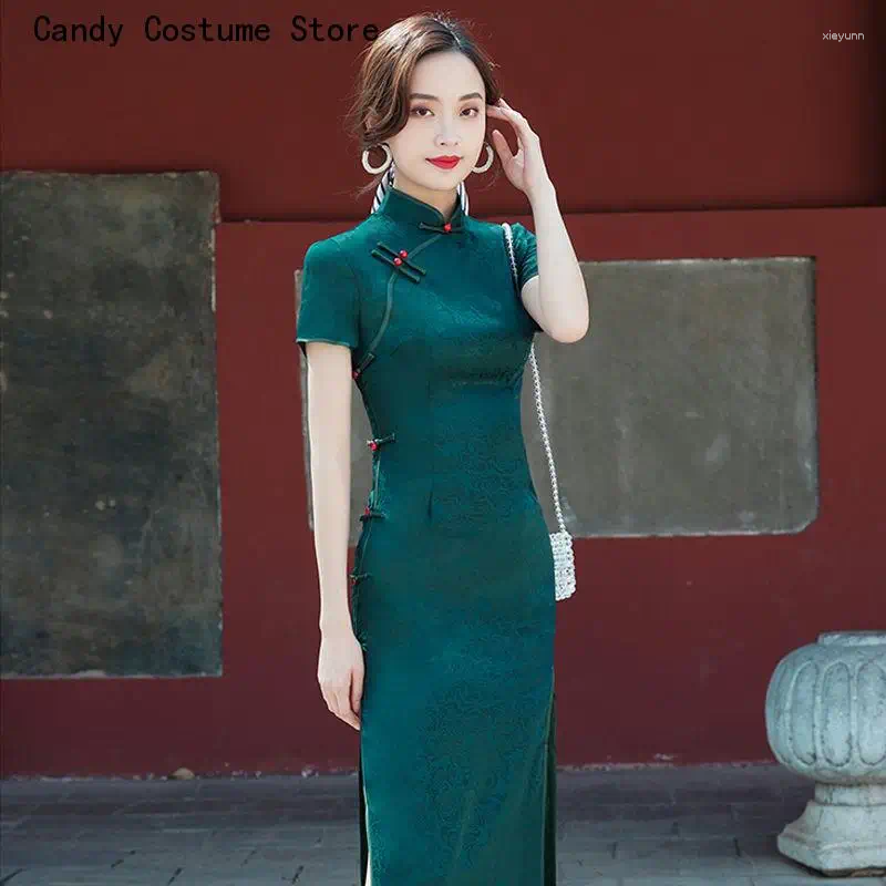 Etnisk kläder sommar qipao lång delad klänning mörkgrön cheongsam elegant high-end flicka förbättrad vintage kinesisk stil
