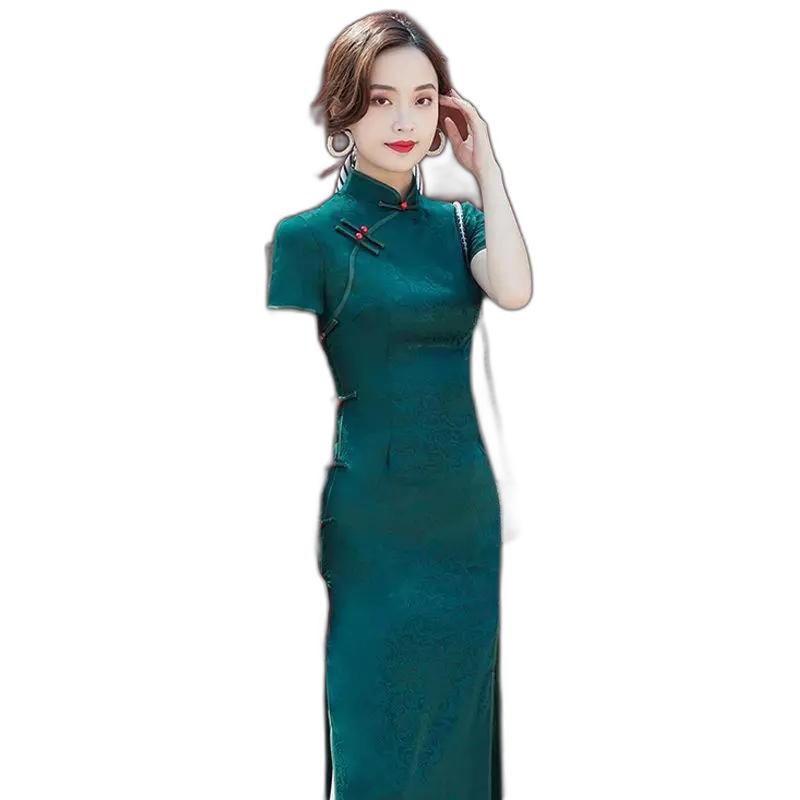 Ethnic Clothing Summer Qipao Long Split Dress Dark Green Cheongsam Elegant High-end Girl Improved Vintage Chinese Style