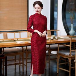 Etnische Kleding Zomer Rode Kant Hoge Split Sexy Cheongsam Chinese Traditionele Stijl Bruidsmeisje Bruiloft Avondjurk Qipao Voor Vrouwen