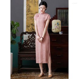 Ropa étnica Verano Retro Rosa Largo Cheongsam para mujeres Elegante Slim Stand Collar Vestido Estilo Chino Estampado de flores Qipao Vestidos formales