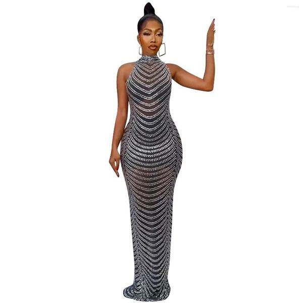 Vêtements ethniques été Sexy femmes africaines mariage soirée dos nu maille voir à travers la boîte de nuit Maxi robe noir or robes pour