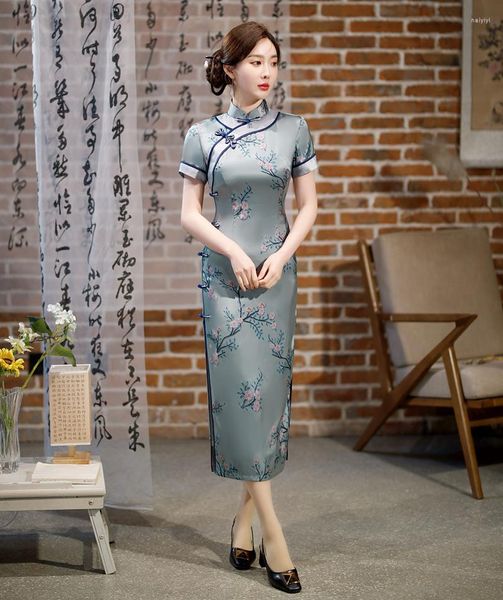 Vêtements ethniques été à manches courtes en Satin de soie jeunes vêtements traditionnels chinois femme mince Cheongsam Qipao jupe