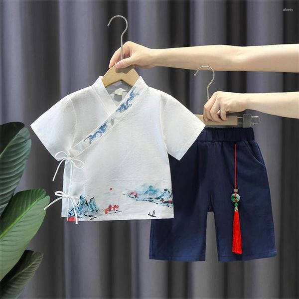 Ropa étnica Verano Fino Lindo Traje Tang para niños Mejorado Casual Hanfu Camisas Estilo chino para niños Impreso Tops Pantalones Conjunto Regalo para niños