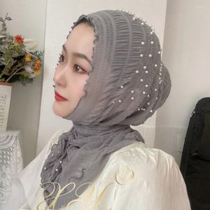 Etnische kleding zomer dunne voile sjaal vrouwen moslim hijab elastische tulband femme mooie meisjes met parel islam hoofddoek