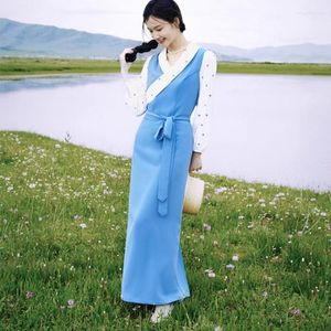 Vêtements ethniques Summer Tibet Femmes Manches blanches Bleu Bola Haute Qualité Polyester Glace Soie Tibétain Robe Square Dance Ensemble de mode